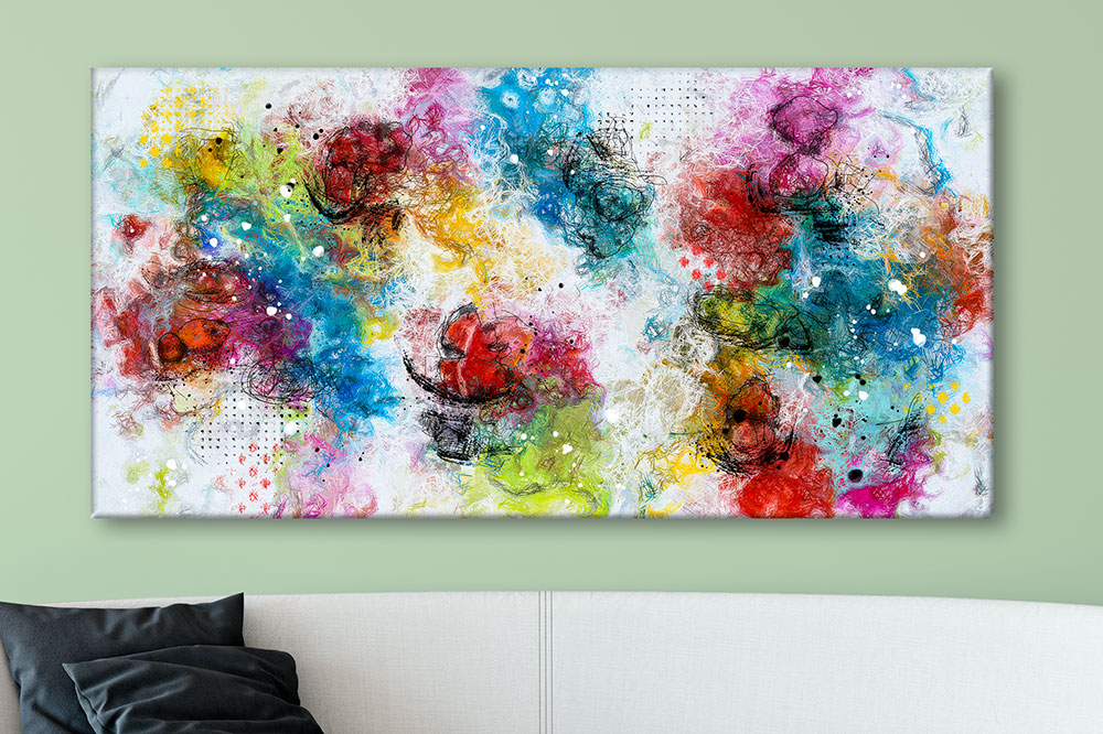 Lærredsprint abstrakt med farver til stuen 75x150 cm